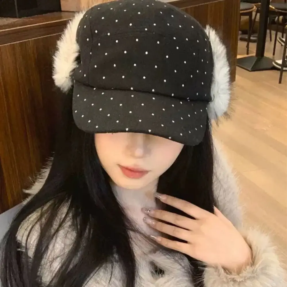 

Модная теплая плюшевая бейсболка с медведем, милая защитная шапка для ушей, ретро корейская шляпа в горошек Lei Feng для девочек