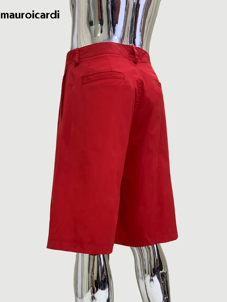 Mauroicardi Spring Summer Lightweight Red Baggy Pleated Shorts for Men Mens Short Wide Leg Pants Luxury Designer Clothes 2025