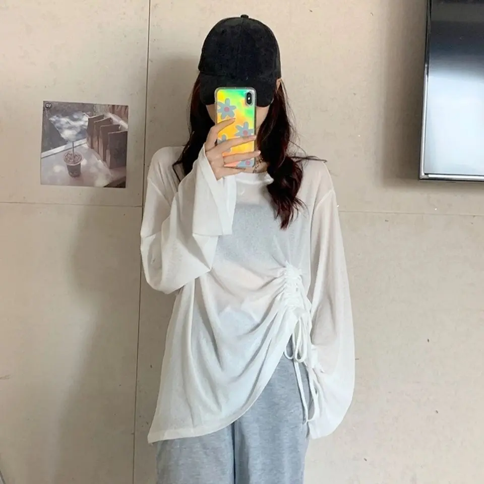 2024 Spring New Ice Shreds Knitting Women Summer Loose Round Neck Drawstring Long Sleeved Thin Style Solid Color Casual Tops