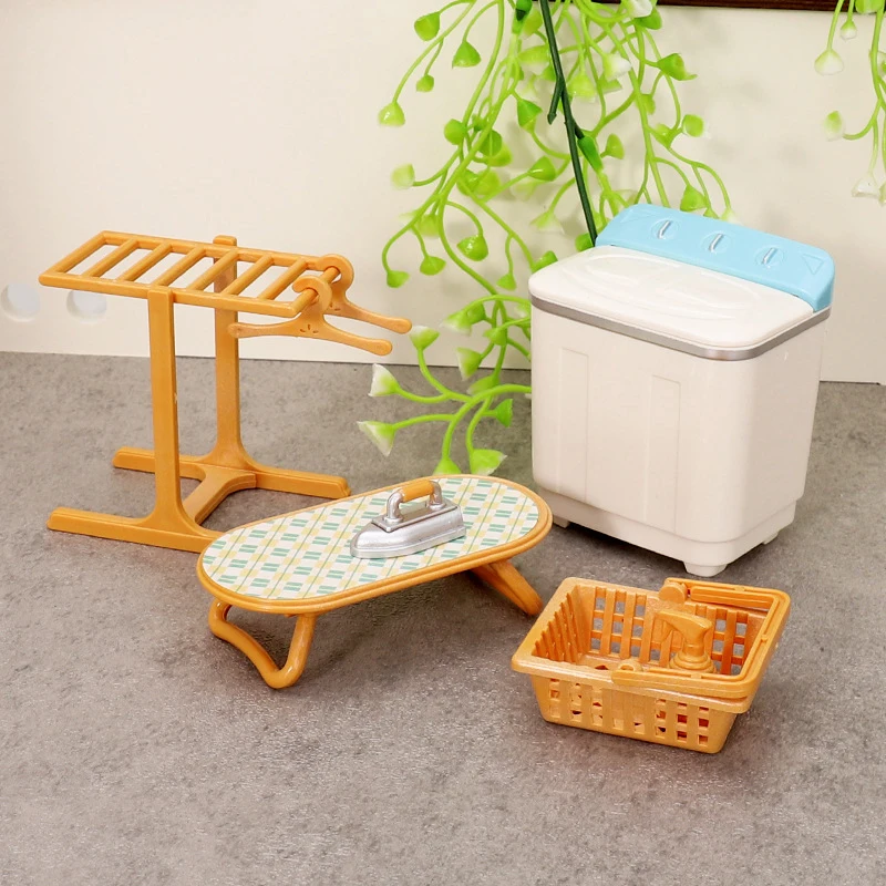 1:12 Dollhouse Miniature Washing Machine Clothes Drying Rack Iron Laundry Set Decor Toy Doll Furniture Kid's Pretend Play Toy