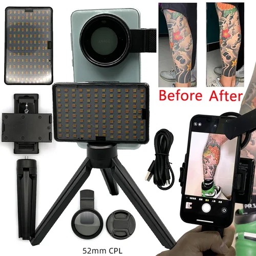 Luz de relleno para tatuajes, 120 LED, Reduce la luz reflectante con filtro de lente CPL de 52mm, luz para fotografía de tatuajes, Compatible con cualquier teléfono