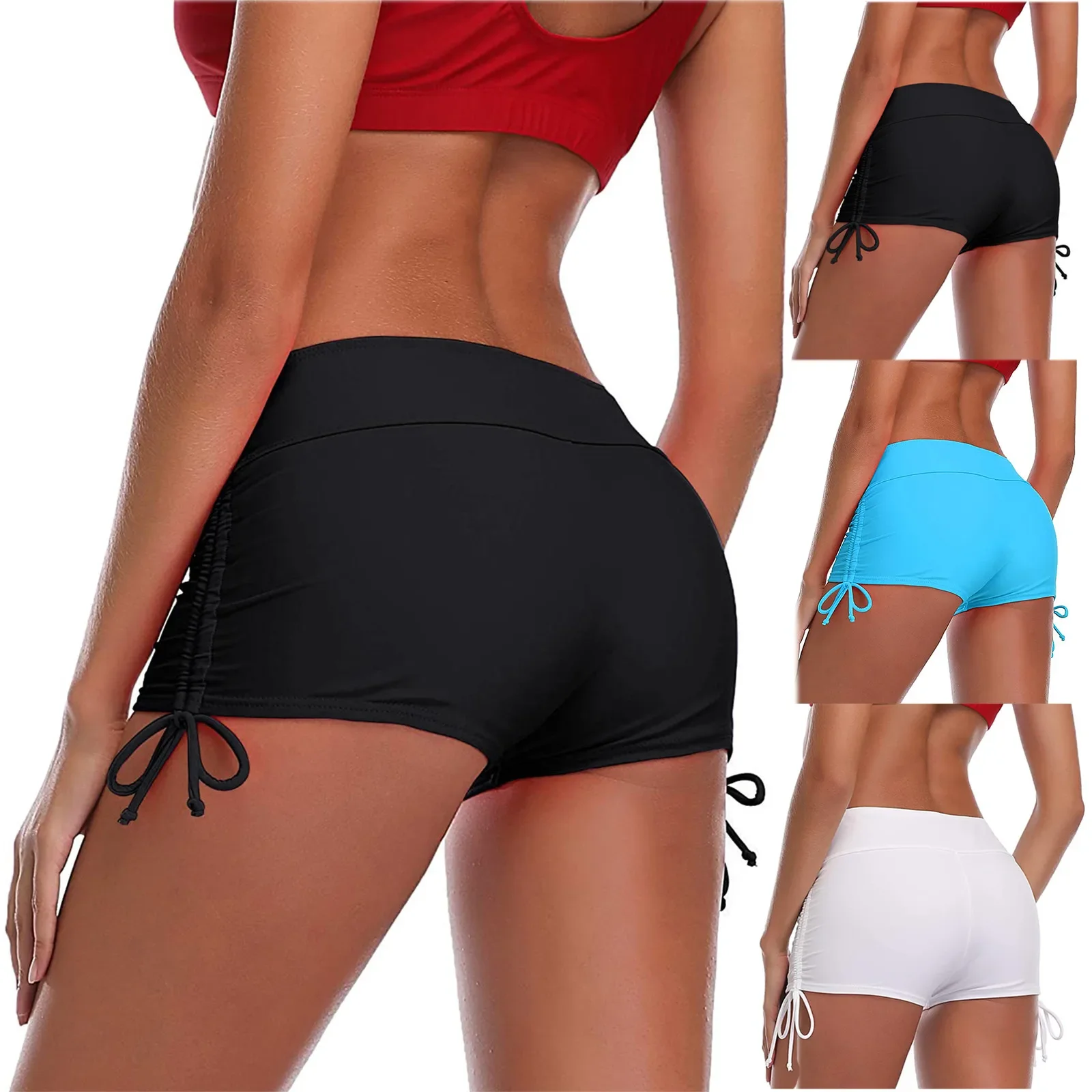 

2024 Adjustable Side Tie Swimming Trunks Female Shorts Middle Waist Push Size Women's Bikini Swimsuit Trending Bottom Swimwear