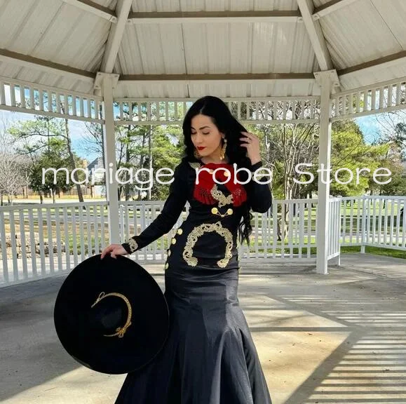 Black mariachi Suit Charro Prom Dresses Long Sleeve Gold Applique Embroidery Traje Mexicano Evening Celebrity Gown Outfit