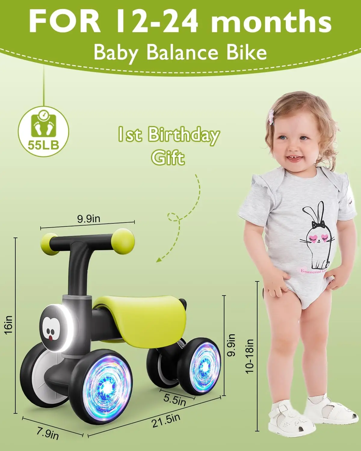 Vélo d'équilibre coloré pour tout-petits, roue lumineuse, jouets pour bébés, garçons et filles de 1 an, vélo d'équilibre pour bébé de 12 à 24 mois, musique douce, mignon