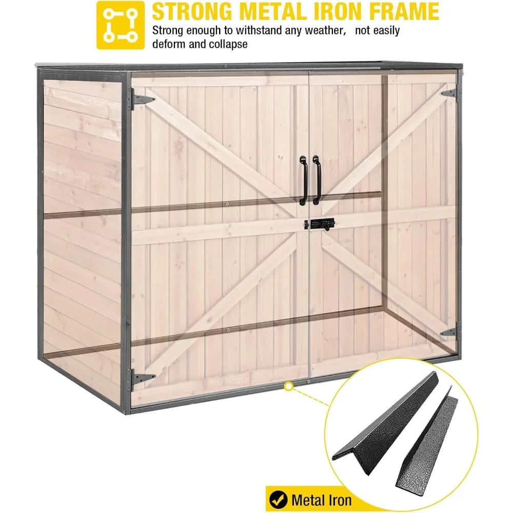 Outdoor Storage Shed Upgraded with Strong Metal Frame Horizontal Storage Cabinet for Trash Cans