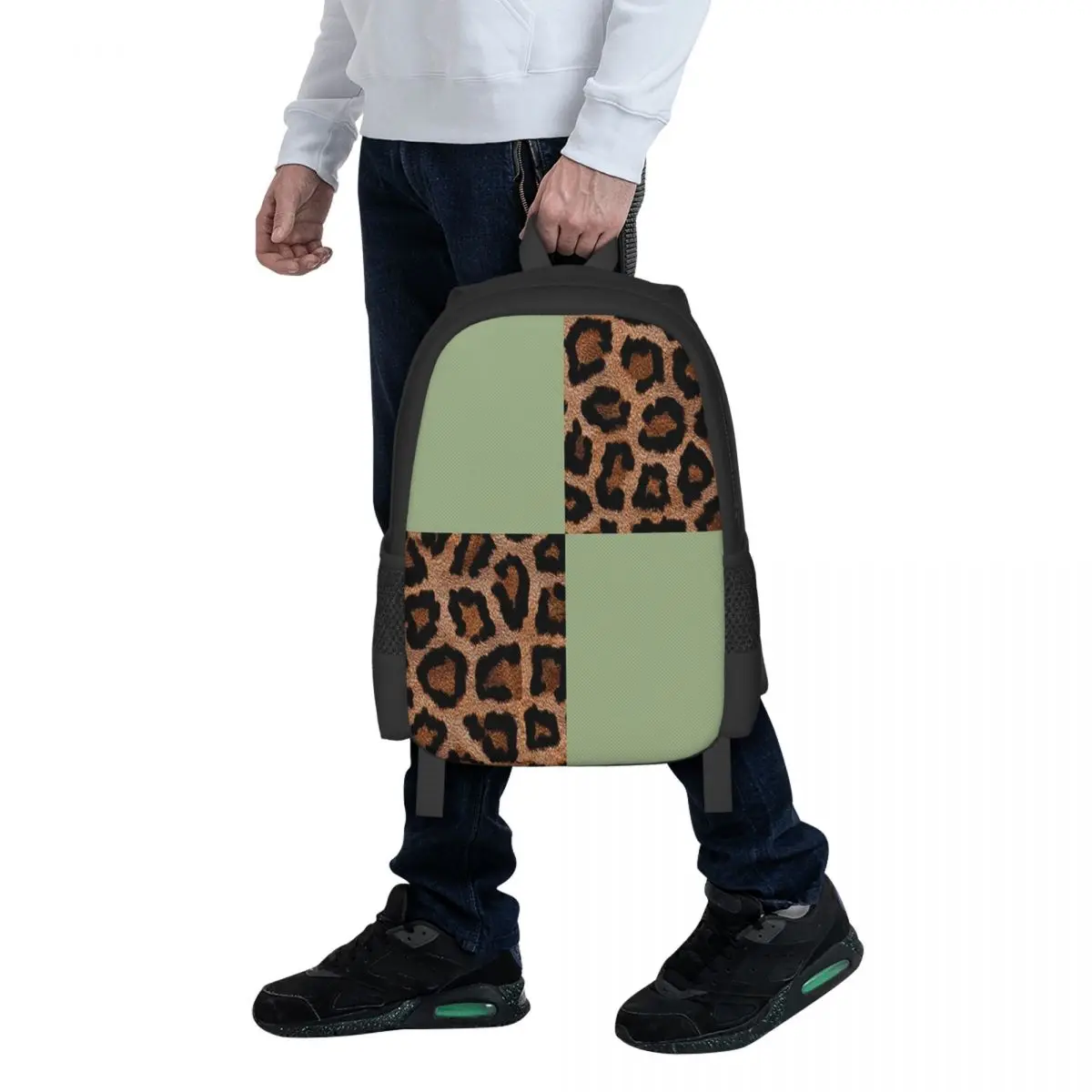 

Squares Leopard Print And Sage Green Backpack School Bag Hiking Travel Daypack for Men Women Fashion Bookbag Shoulder Bags
