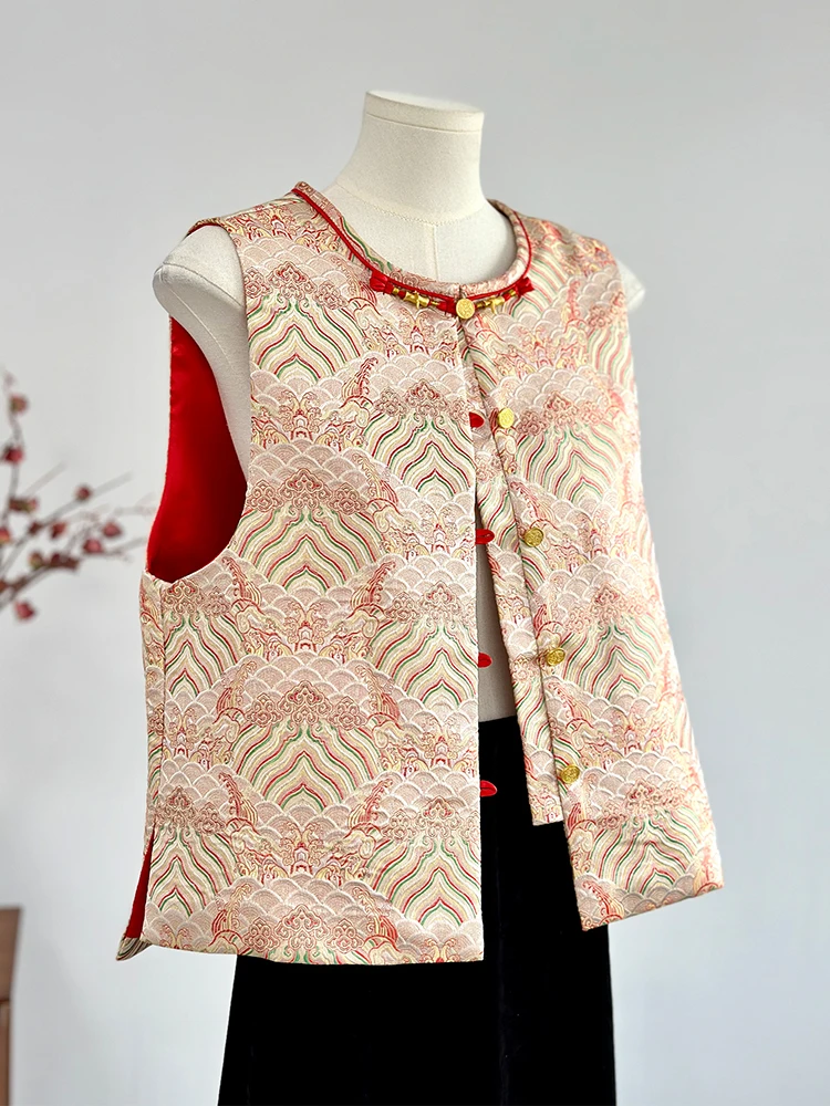 New Chinese Style Jacquard Red Vest Spring and Autumn Young Thin Outer Wear Suit Upper Clothes High-End Song Dynasty Brocade
