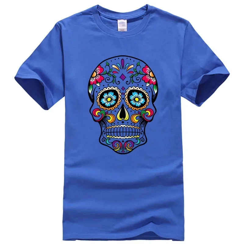 Men High Quality Cotton Blend Sugar Skull Printed T-shirt, Loose Street Style Summer Casual Short Sleeve O-neck Tee