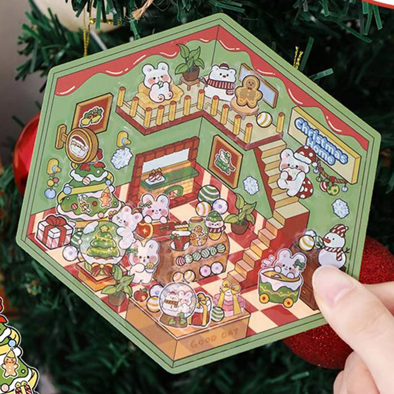 1Set Cartoon Kerst 3D Stickers Leuke DIY Scène Landschapsarchitectuur Decoratie Stickers DIY Decor Scène Stapelen Plakken Stickers