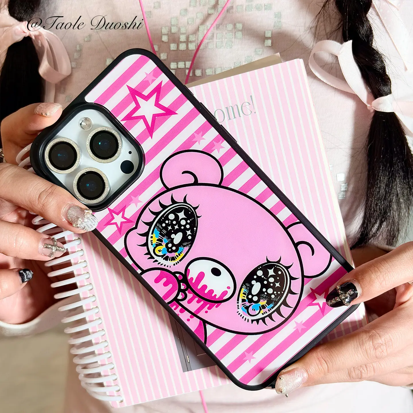 Korean Pink White Stripes Star Bear Phone Case For iPhone 17 Air 16 Pro Max 15 14 Plus 13 12 11 Shockproof Silicone Back Cover