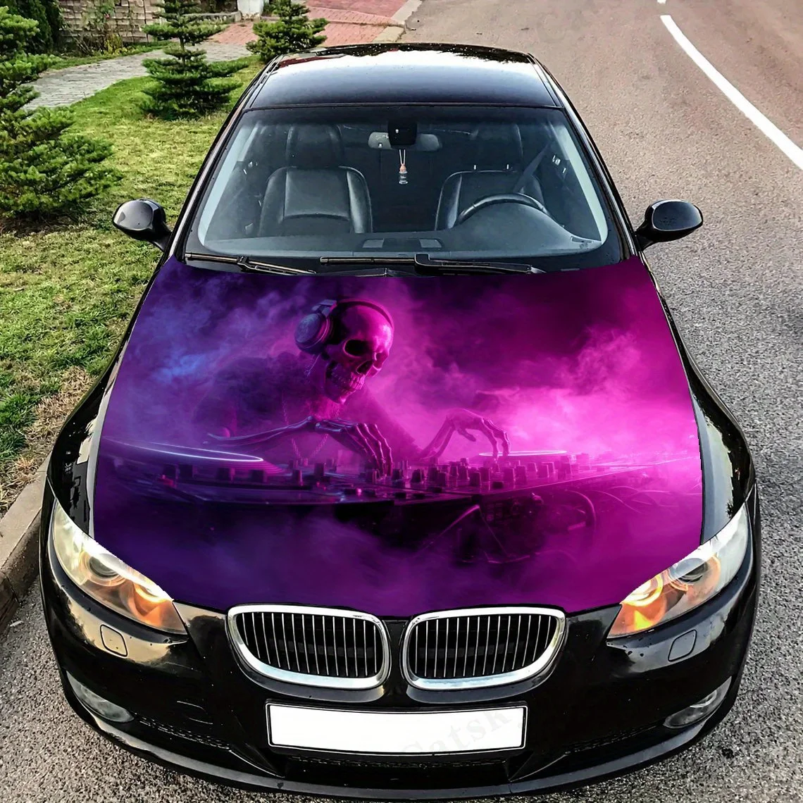 

Скелет DJ в окружении фиолетового дыма, наклейка на капот автомобиля, наклейка на грузовик, самоклеящиеся долговечные автомобильные аксессуары, Suitab