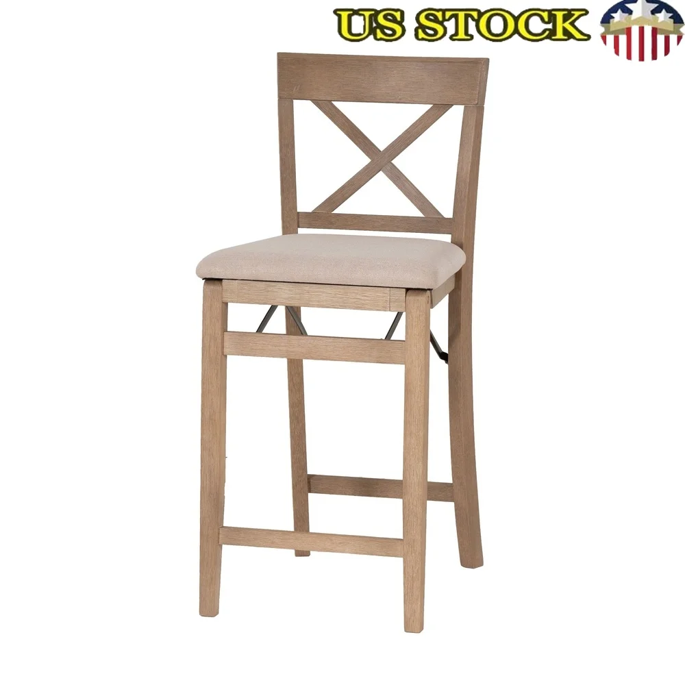 

Folding Counter Stool Cross Back Design Rubberwood Frame Indoor Seating 275 lbs Capacity Space Saving Furniture