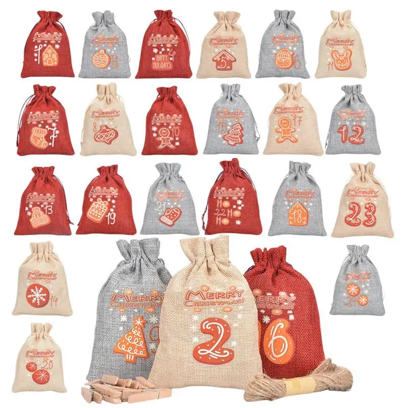 Christmas Advent Calendar Bags 24X Candy Bags Drawstring Pouches for Christmas 24 Days Burlap Hangable Countdown Calendar Sacks