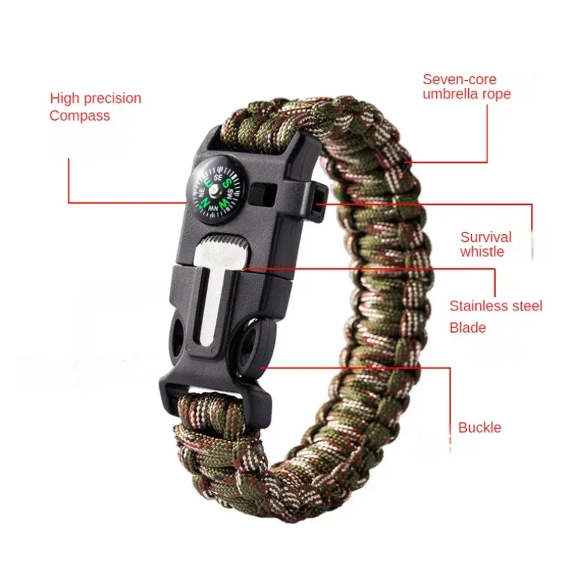 Pulsera de supervivencia multifunción al aire libre, pulsera de emergencia militar, pulsera de Paracord, raspador, silbato, herramientas de hebilla,