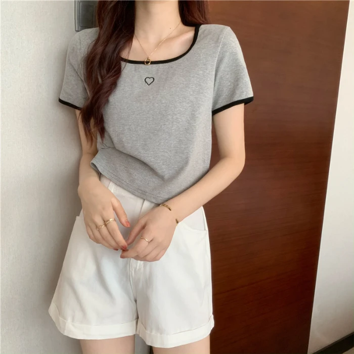 2024 Summer Fashion Y2K T-shirt Woman Heart Embroidered Crop Top Women Sexy Short Sleeve Tee Shirt Femme INSClothes Tshirts