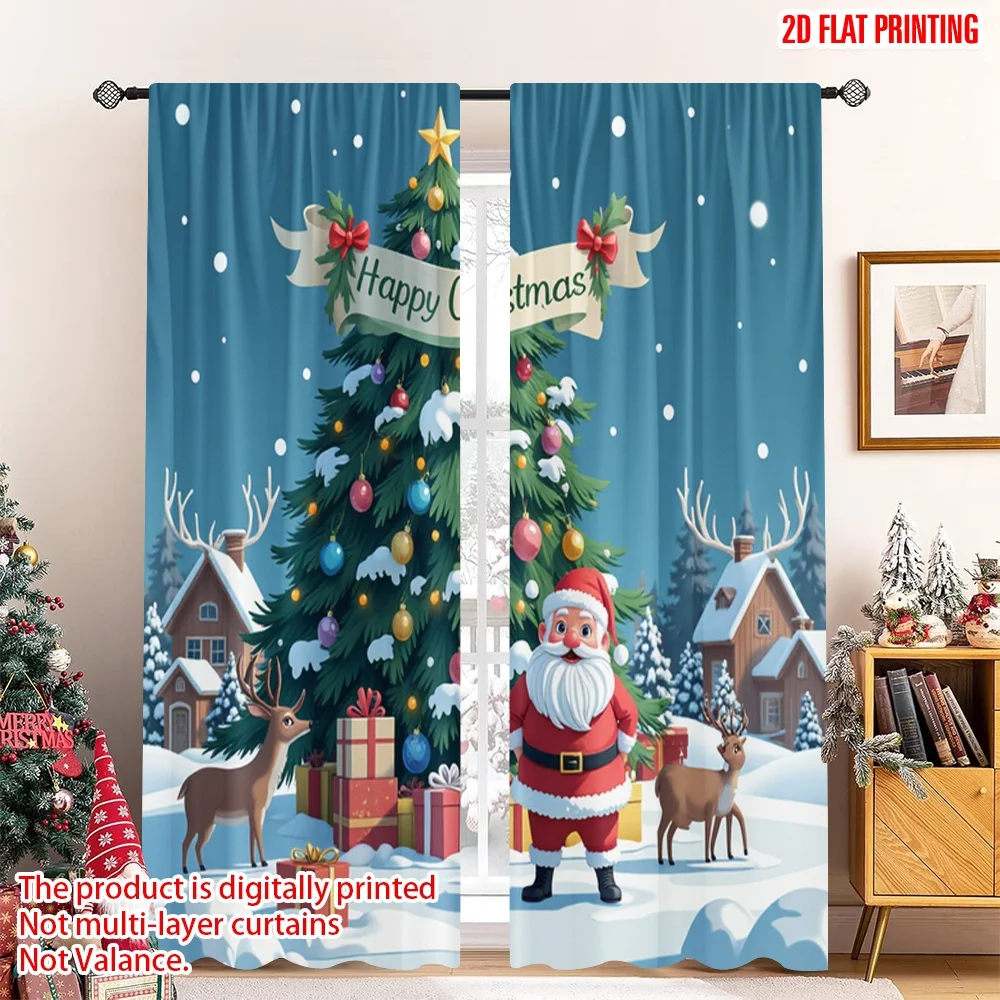 

2pcs 2D flat printing Merry Christmas Curtain Merry Christmas Santa Claus Deer Winter Polyester Without Electricity Party &