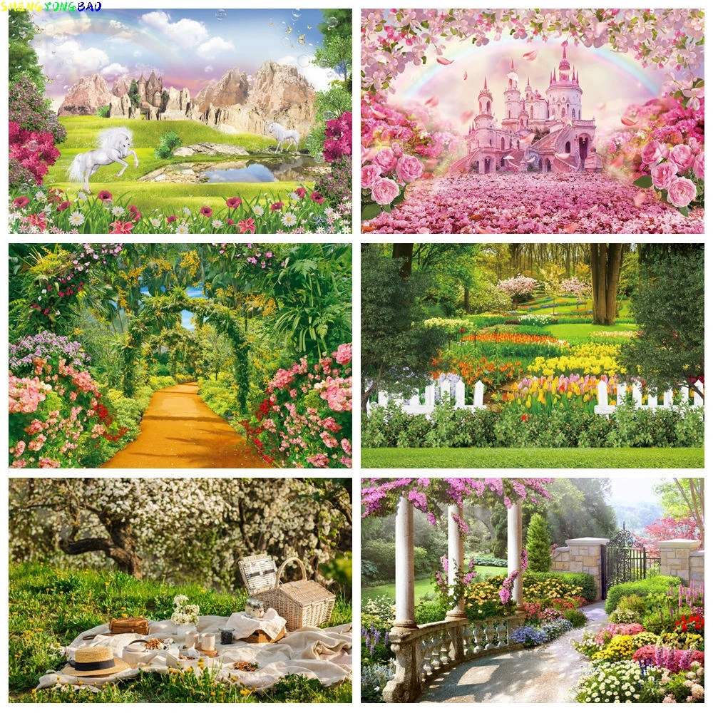 

Spring Nature Landscape Photography Backdrop Castle Forest Flowers Garden Kids Birthday Party Baby Shower Photo Background Decor