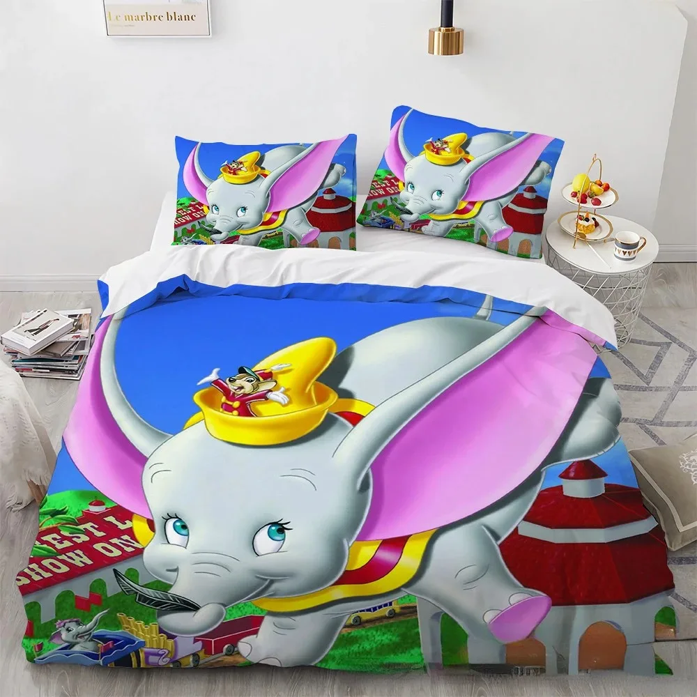 Disney Cartoon Dumbo Bed Covers Bedding Set, Modern Printed 3-Piece Set Boys Girls Queen Comforter Sets Elephant Bed Linen