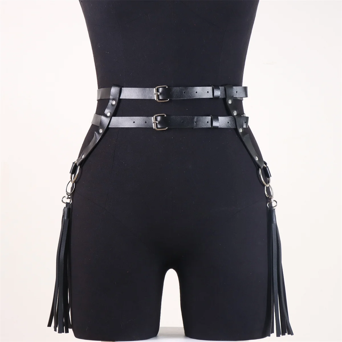 Pu Leather Tassel Belt Waistband Strap Leggings, Gothic Shoulder Strap Jeans, Lace Up Leggings