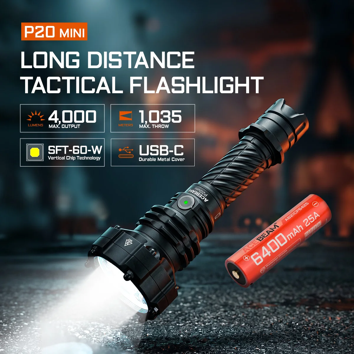 Тактический фонарь ACEBEAM P20 Mini Professional для дальних расстояний, 4000 люмен, 1035 метров, с USB-C зарядкой, аккумулятор SFT-60