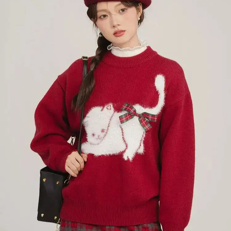 

Pullover Sweater Bow Cat Print Korean Fashion Y2k Cashmere Knitted Streetwear Female Top Autumn Winter Christmas Clothes