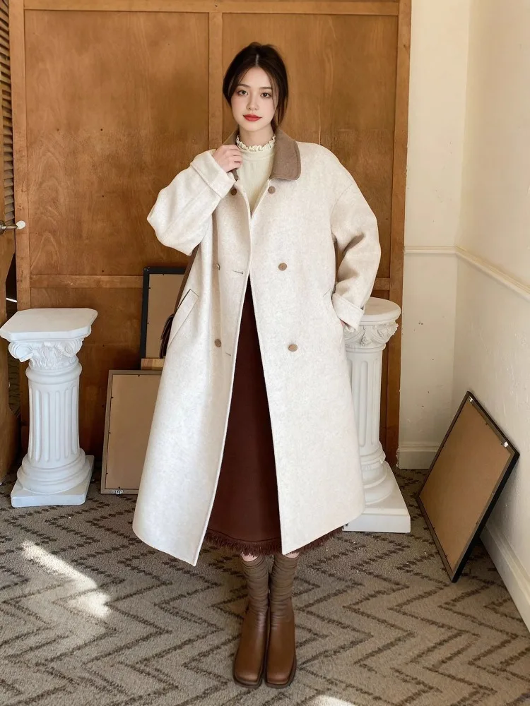

Missuoo 2025 New Women's Korean Style Longline Duster Coat Lapel Collar Double Breasted Elegant Woolen Coat Loose Fit Blends