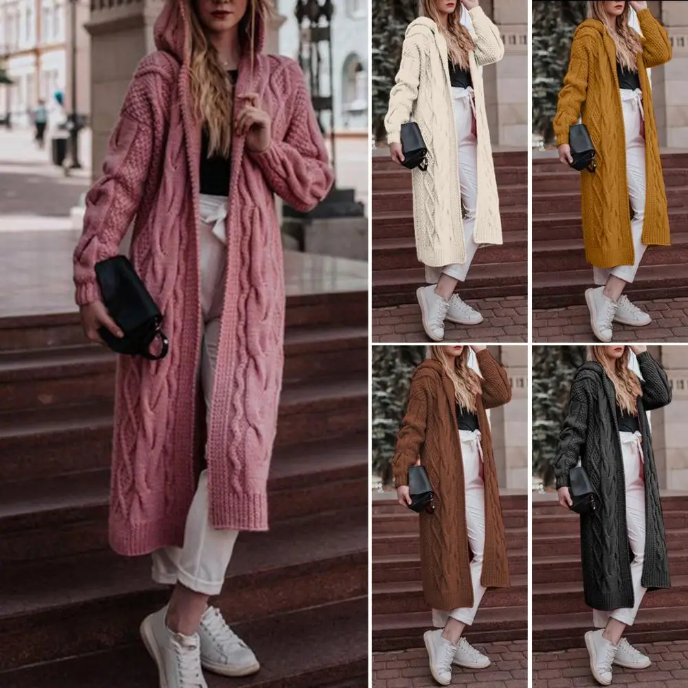 2022 autumn and winter new casual solid color hooded twist knitted long cardigan sweater coat women