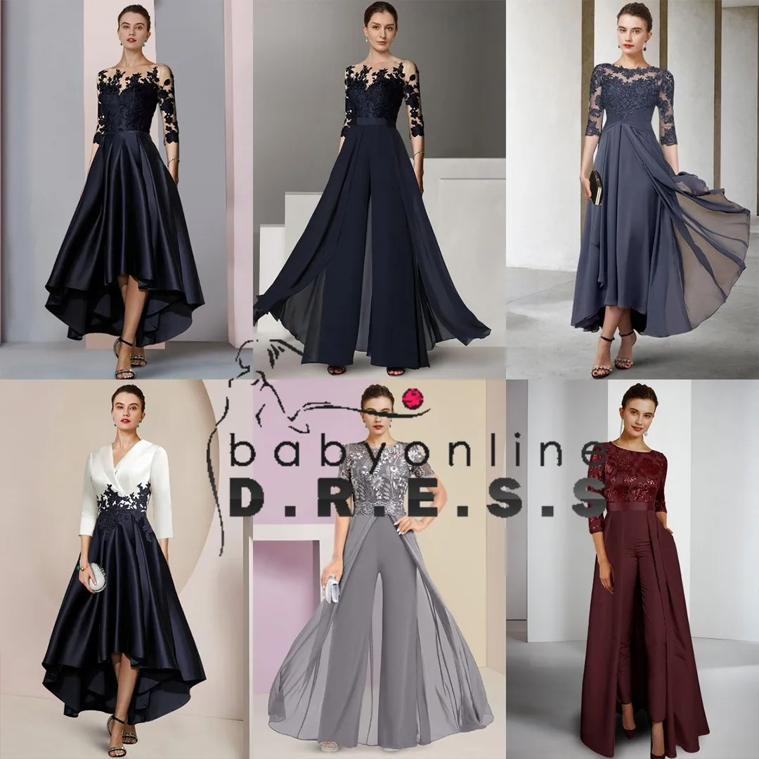 BABYONLINE A-Line Evening Dress Jewel Neck 3/4 Length Sleeves Floor-Length Pantsuits With Applique Bodice Formal Party Gowns