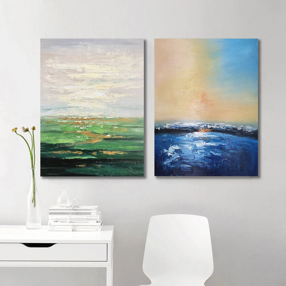 

2Pcs Abstract Blue Ocean Green Field Poster Modern Painting Printmaking Canvas Wall Art Living Room Home Corridor Decor Painting