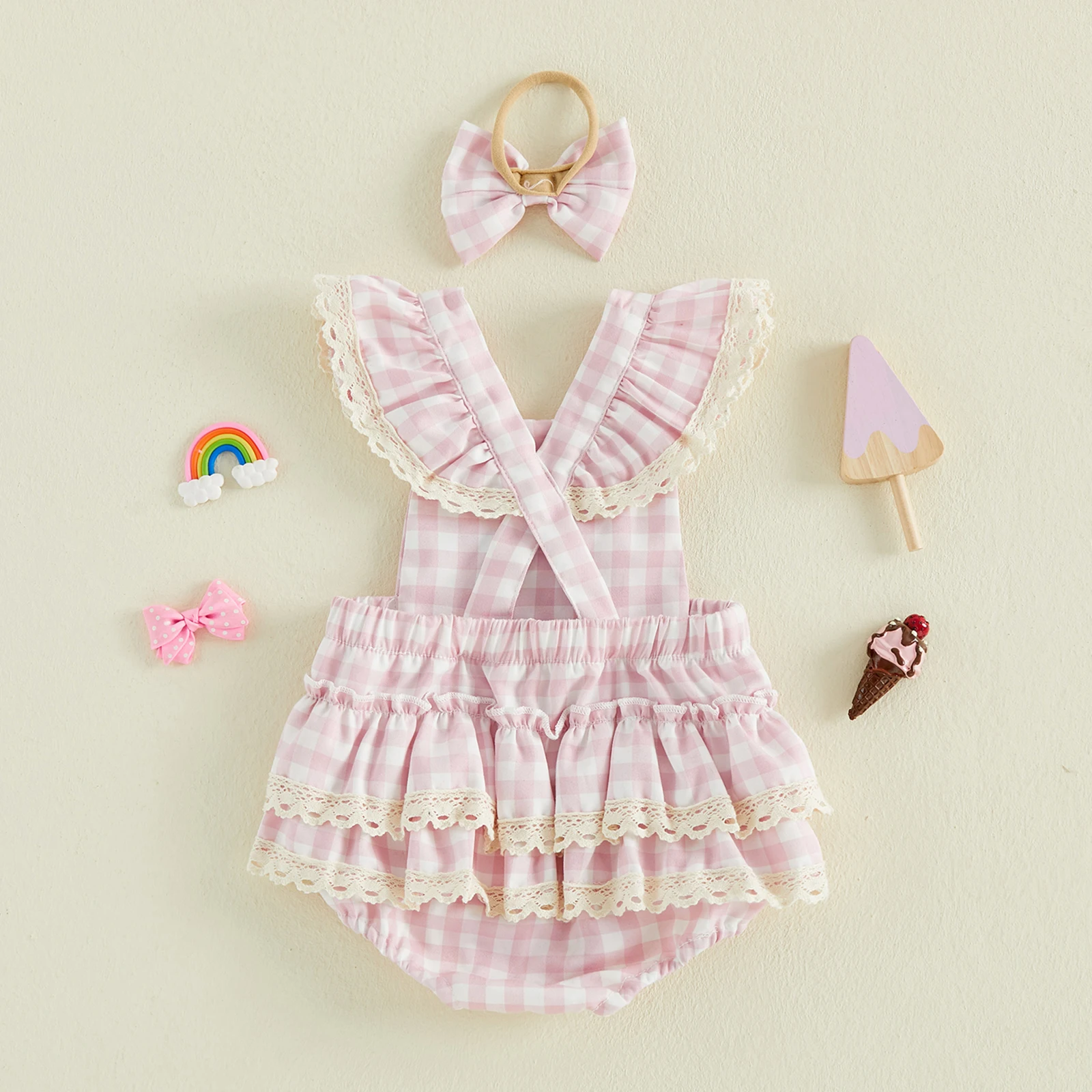 Baby Girl Plaid Romper Lace Trim Ice Cream Embroidery Square Neck Fly Sleeve Infant Bodysuits Jumpsuits with Headband