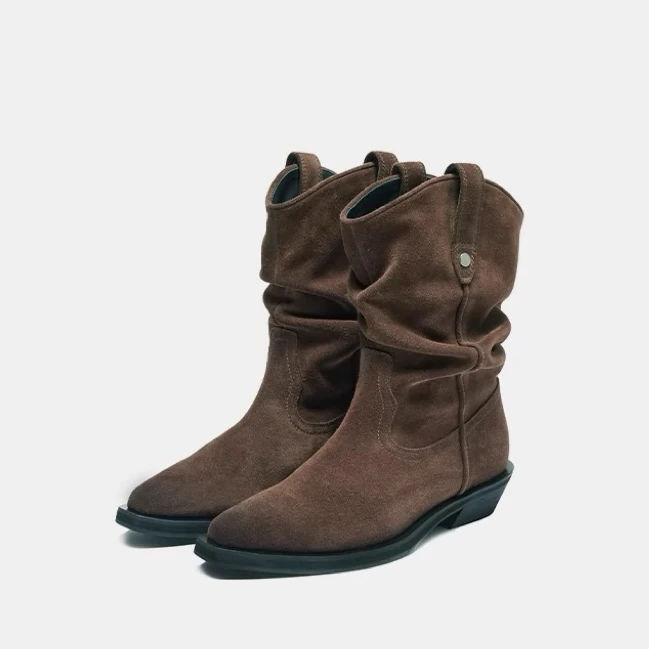 

Women's Leather Slouchy Ankle Boots Ruched Detail Low Heel Side Strap Design for Casual Daily Autumn Winter Fashion Footwear