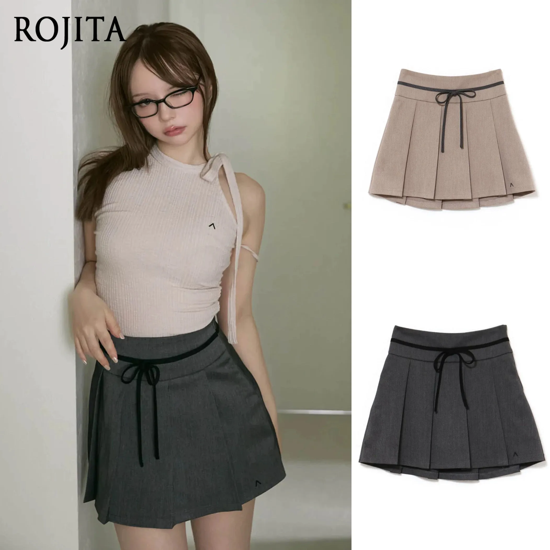 2025 ربيع وصيف جديد النمط الياباني الحلو تنوعا مطوي تنورة رمادي نصف الدانتيل متابعة القوس تنورة تنورة قصيرة