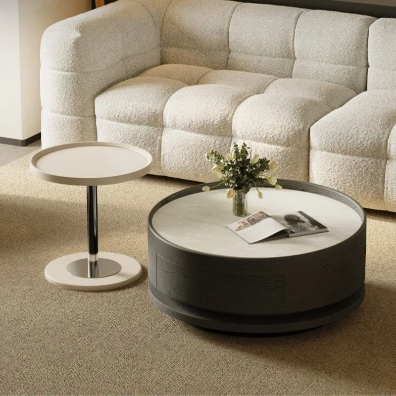 

Italian minimalist cave stone round coffee table, black small unit with a sense of tranquility and creative design, rotating roc