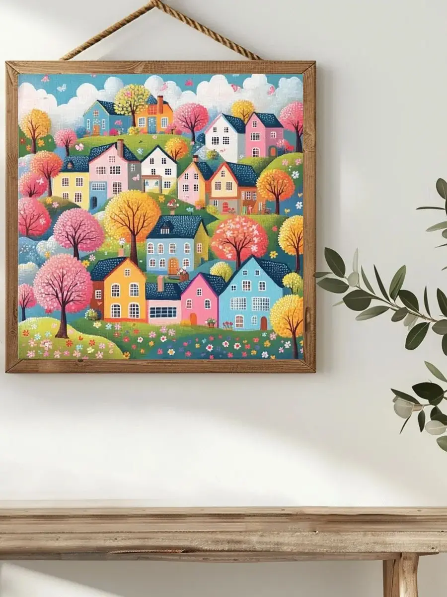 1 Stück 40x40 cm/15,74 Zoll Landschaftsmuster einer Kleinen Stadt Gestempeltes Kreuzstich-Set DIY-Kit 11CT/14CT als Geschenk Joy Sunday – Detail 1
