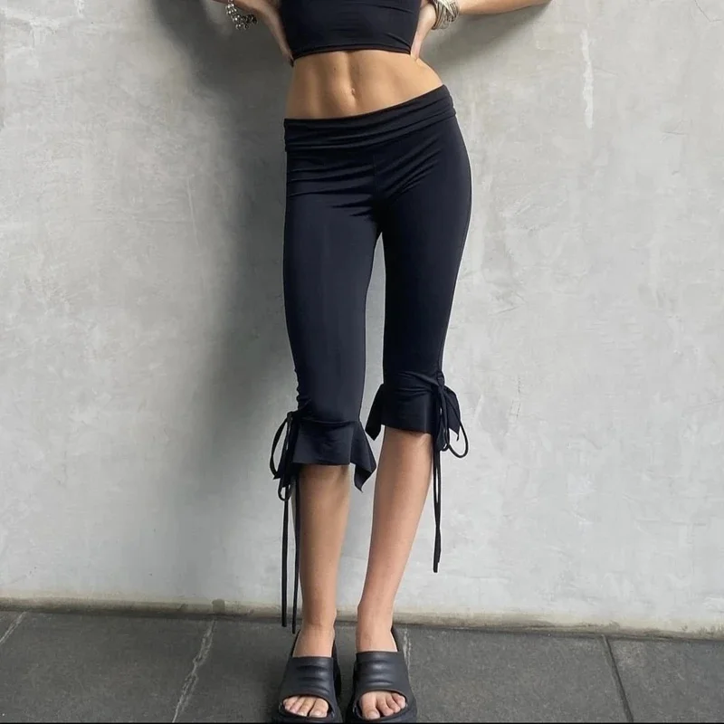 Women Tie-up Ruffles Hem Capri Pants Casual Solid Low Waist Skinny Y2K Ruched Stretch Crop Leggings Versatile Streetwear Bottoms