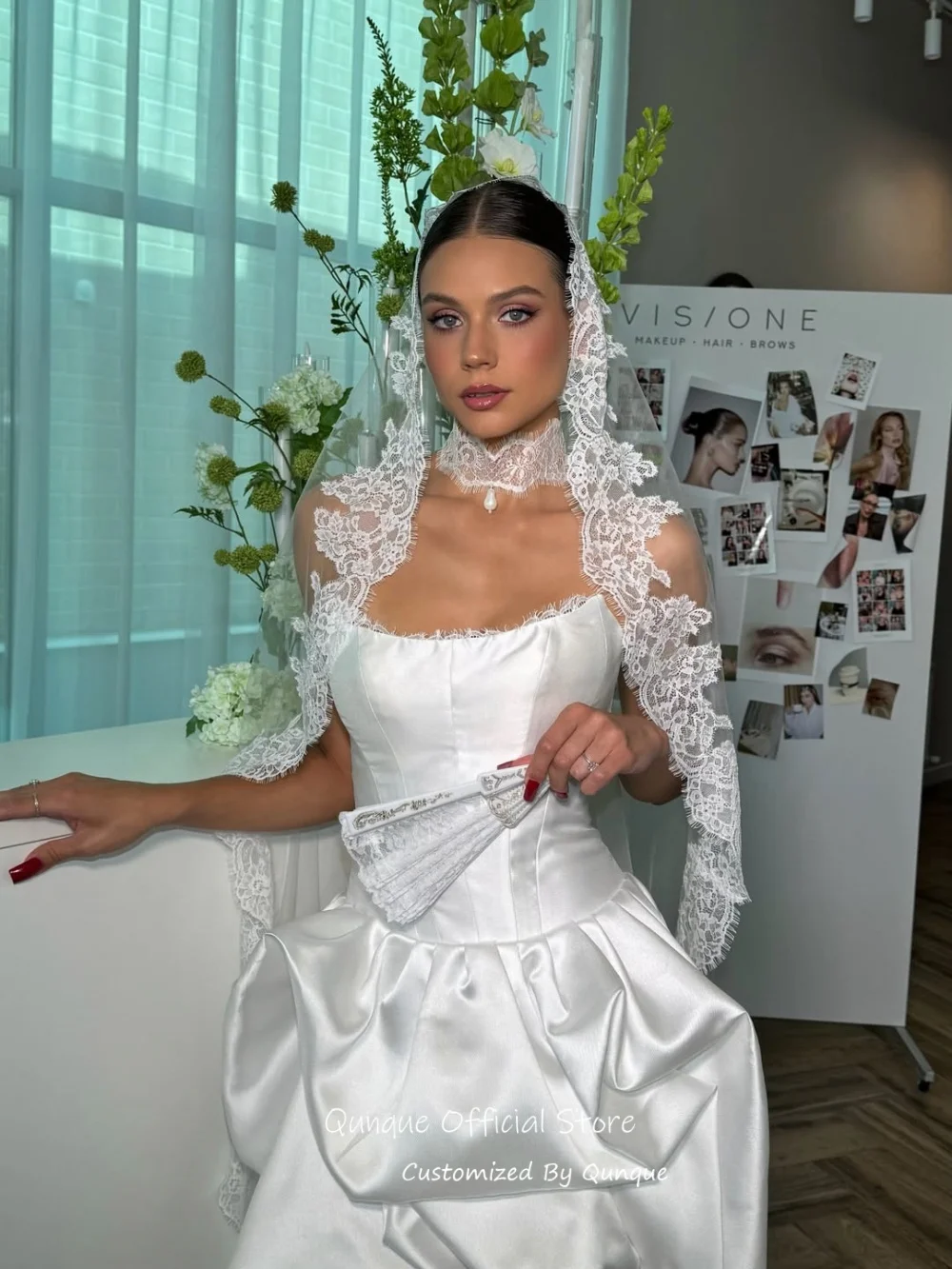 Qunque No Veil Delicate Lace Trim Wedding Dresses Satin Ruffled Hem свадебное платье Draped Vestido De Novia Boda Customized