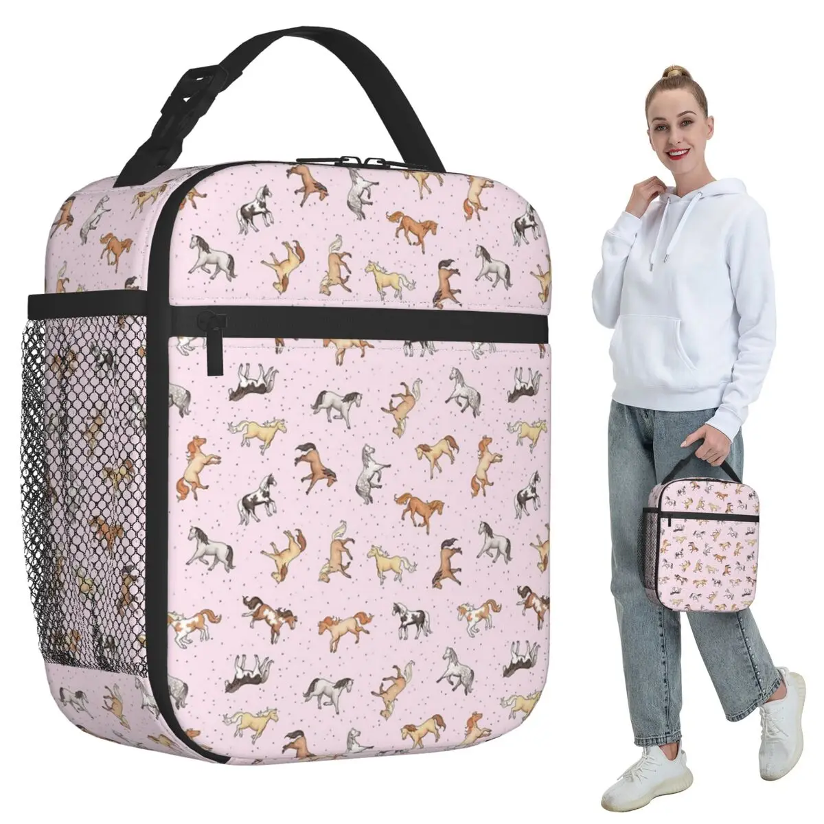 

Scattered Horses Spotty On Cherry Blossom Insulated Lunch Bag for Kids School Cooler Thermal Food Box Tote Lunch Boxes Container