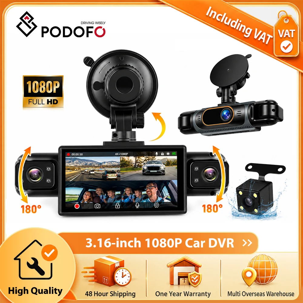 Podofo Dash Cam 3.16'' a 4 Canali, Videoregistratore per Auto, Scatola Nera con Visione Notturna, Monitoraggio Parcheggio, Sensore G, Registrazione in Loop, Ricambi Auto, Telecamera per la Guida