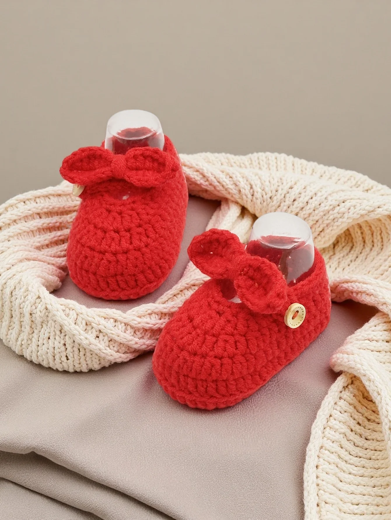 

1 Pair Handmade Crochet Baby Booties with Bow, Red, Soft Knit Newborn Shoes with Button Detail