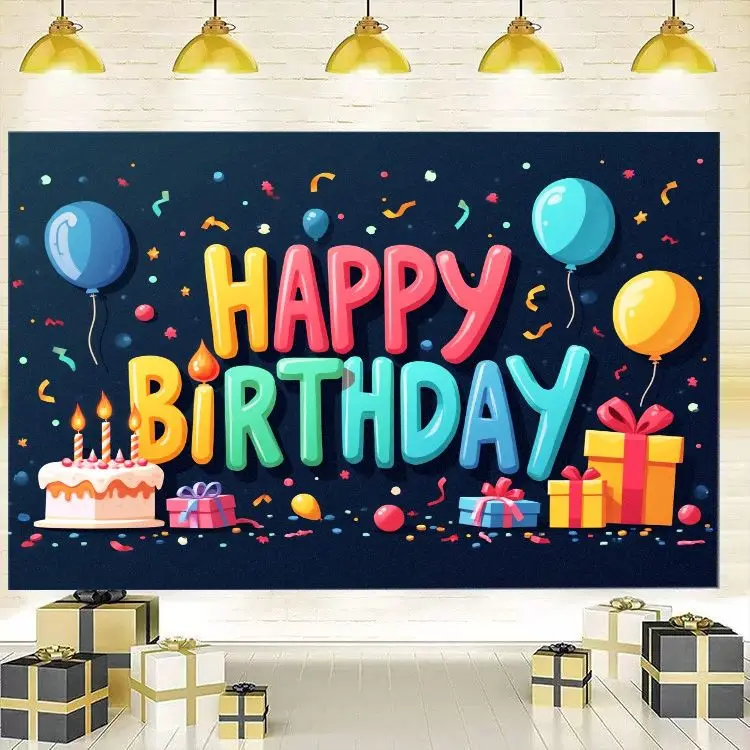 VIKAMA Happy Birthday Backdrop Tapestry Colorful Balloon Cake Gift Confetti Wall Hanging Kids Birthday Party Photo Decor