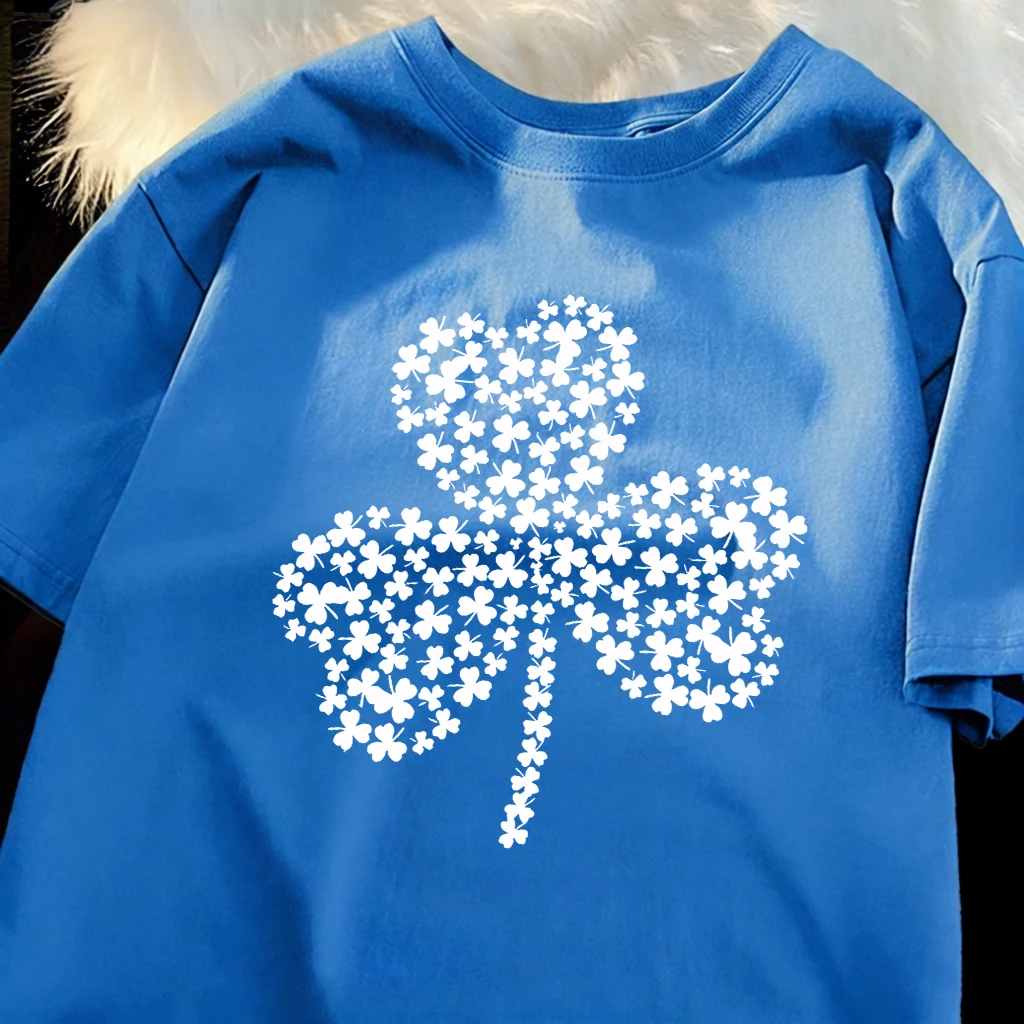 Four Leaf Clover Collage White Print Basic Daily T-Shirt Man Cotton Soft T Shirts All-Match Summer Clothes Comfortable Loose Top
