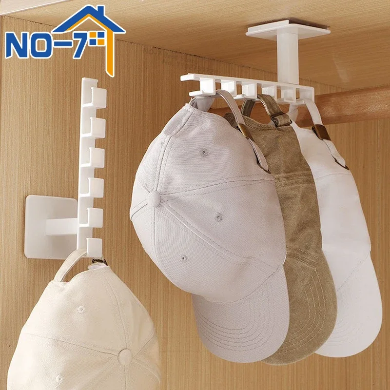 Cap Organizer for Hanging, 6 Hooks Hat Hanger, Strong Adhesive Support for Caps, Multifunction Hat Hoop Rack for Wall Save Caps