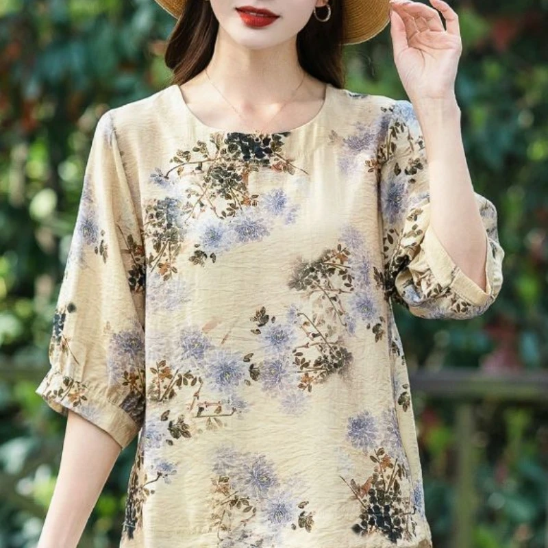 2024 Spring/Summer New Chinese Style Casual Top T-shirt Women's Western Style Middle Sleeves Lightweight and Breathable Bottom S