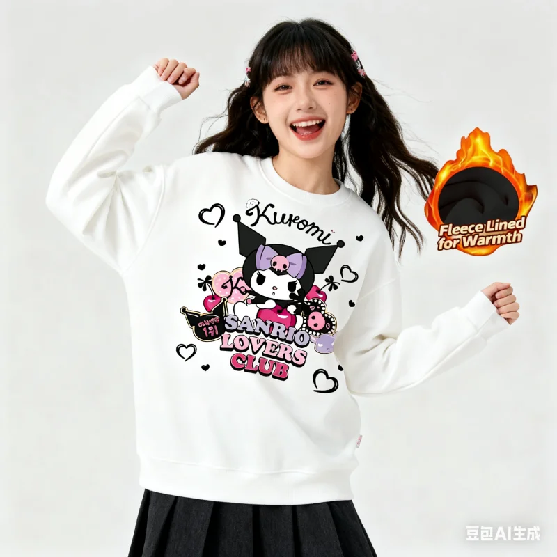 

2025 Sanrio Series Printed Crew Neck Long-Sleeve Top, Cute and Warm Fleece-Lined Crew Neck Long-Sleeve T-Shirt, 100% Cotton