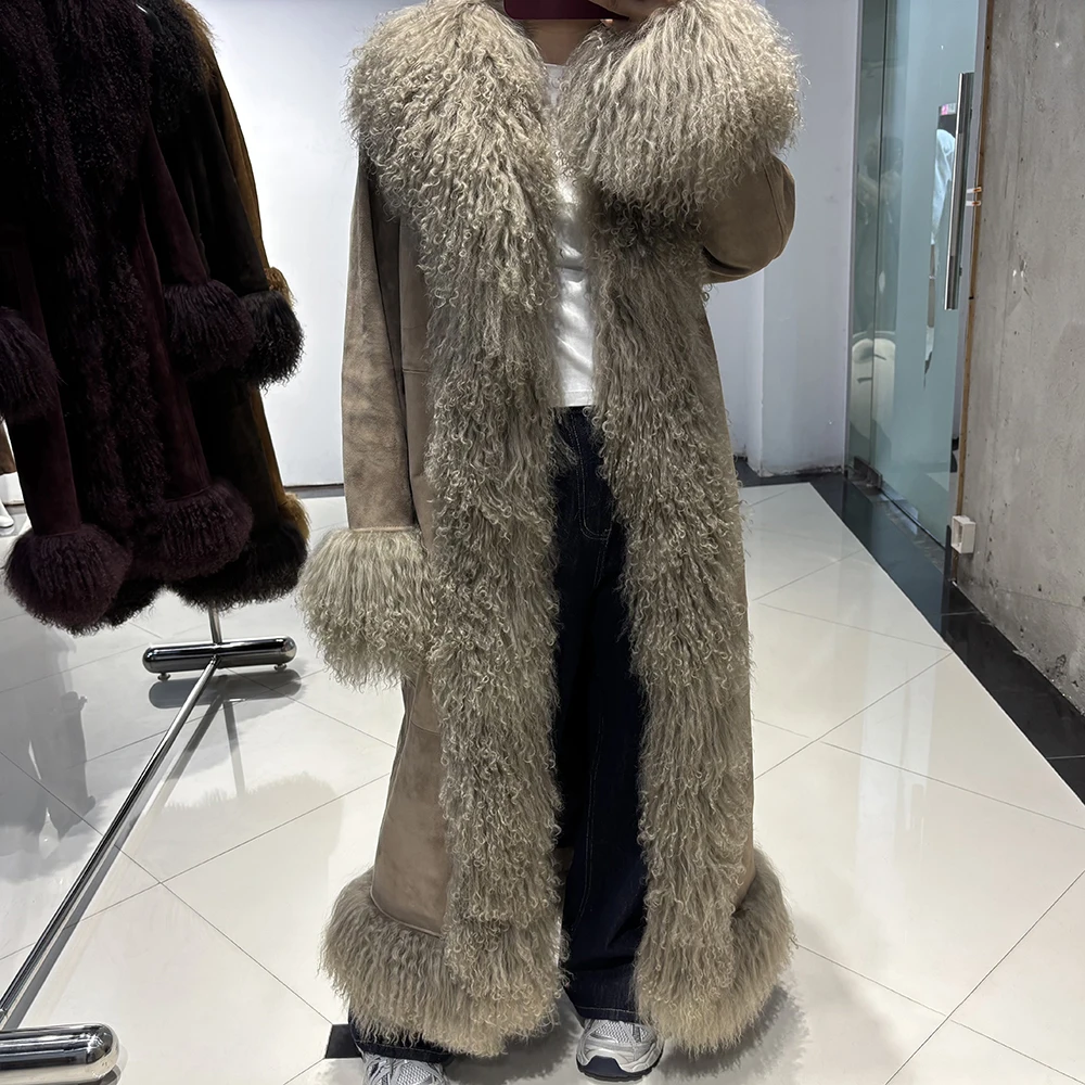YOLOAgain Real Mongolia Sheep Fur Jacket Long Dark Brown Suede Coat Women