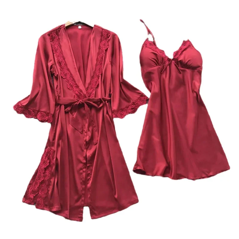 2PCS Female Lace Pajamas Set Satin Home Pyjamamas Lace Robe Sleep Suit V-Neck Wedding Nightwear Wear Nighty&Robe Homewear