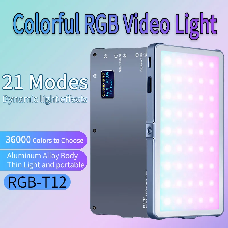 T12 RGB Video Light on-Camera Phone Selifi Fill Lamp 2500K-8500K 36000 Colors RA≥96 TLCL≥97 for Vlog Shoot Photo Studio Light