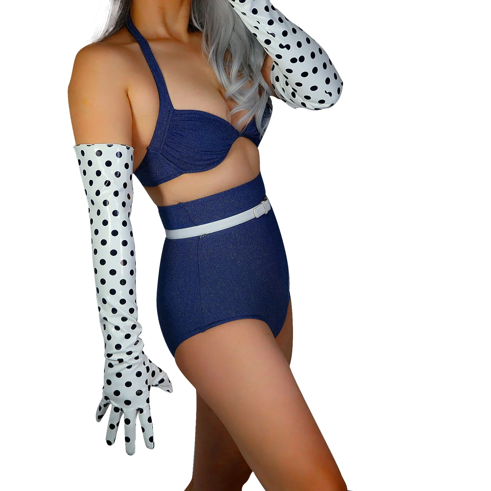 

DooWay Women's White Black Polka Dot 60cm GLOVES Opera Long Shine LATEX Faux Patent Leather Fashion Wedding Evening Glove