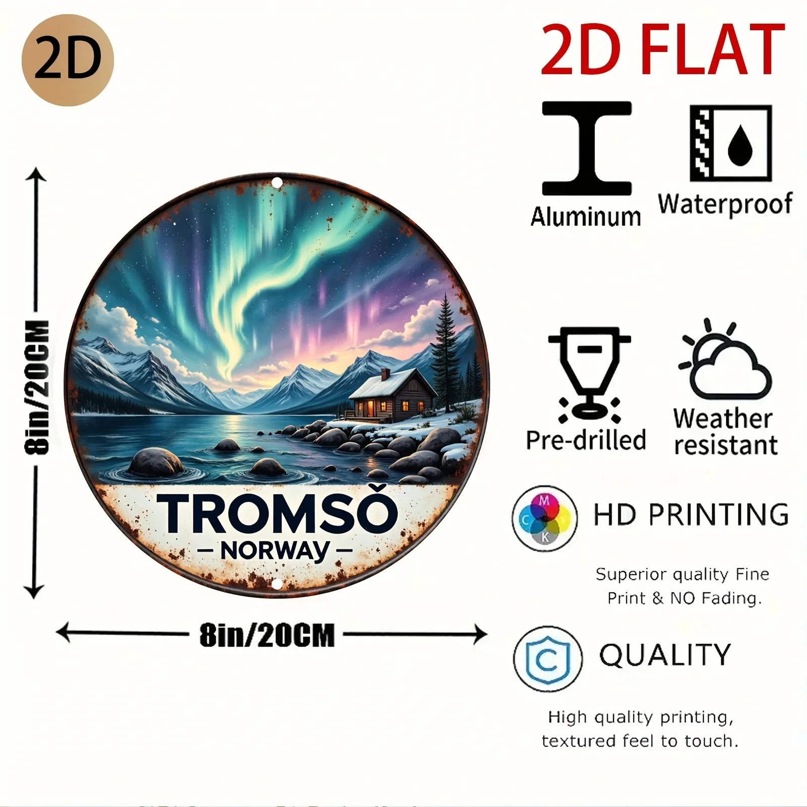 2D Flat, Tromsø Norway Scenic Art Metal Sign - Circular Rust-Effect Wall Decor with Northern Lights & Cabin Scene, Vintage Style