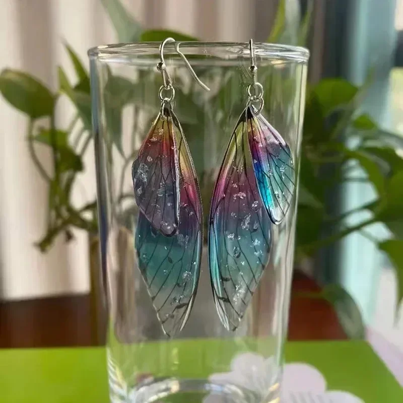 Gradient Color Women Earring Beautiful Silver Cicada Wings Earhook Colorful Large Butterfly Temperament Immortal Dangle Earrings